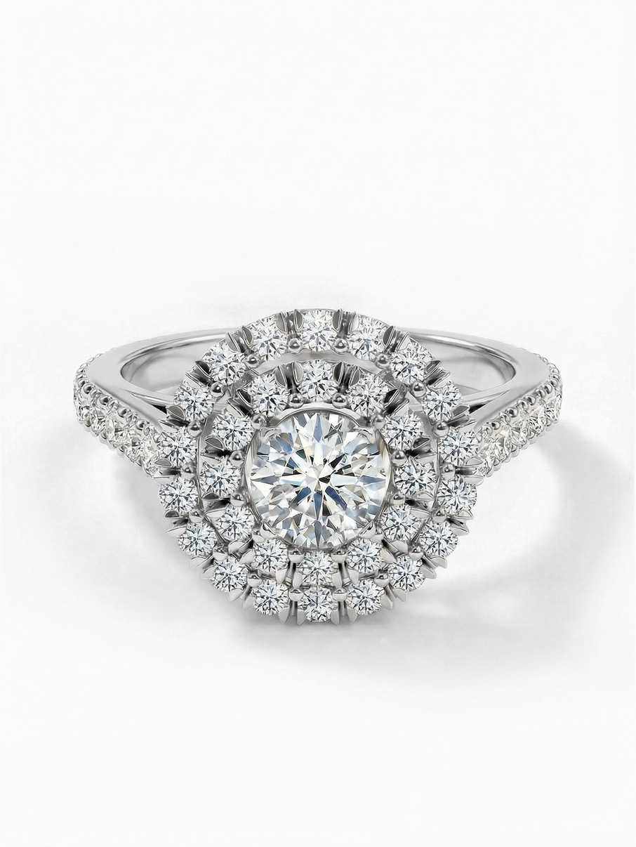 Striking white gold engagement ring with a 4.5 mm centre stone complemented by smaller stones