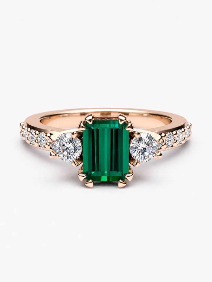 Prsten z červeného zlata s centrálním turmalínem doplněným diamanty po stranách i po obvodu šíny pro