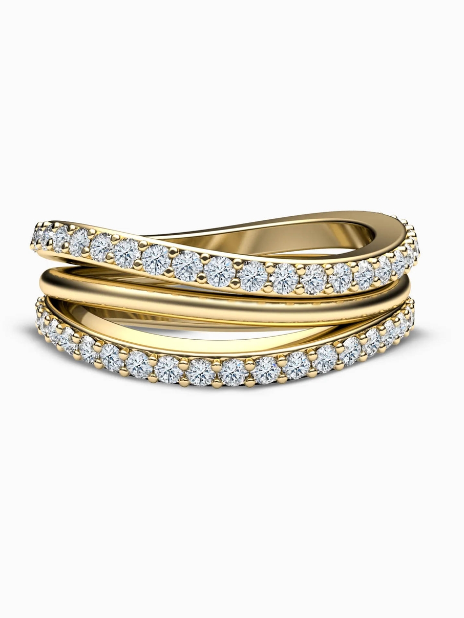 Asymetrický dámský snubní prsten ze žlutého zlata s diamanty po obvodu