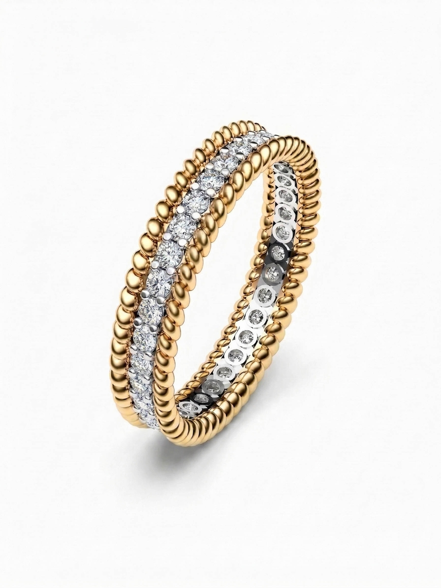 Snubní prsten ze žlutého zlata s diamanty a zlatým lemováním