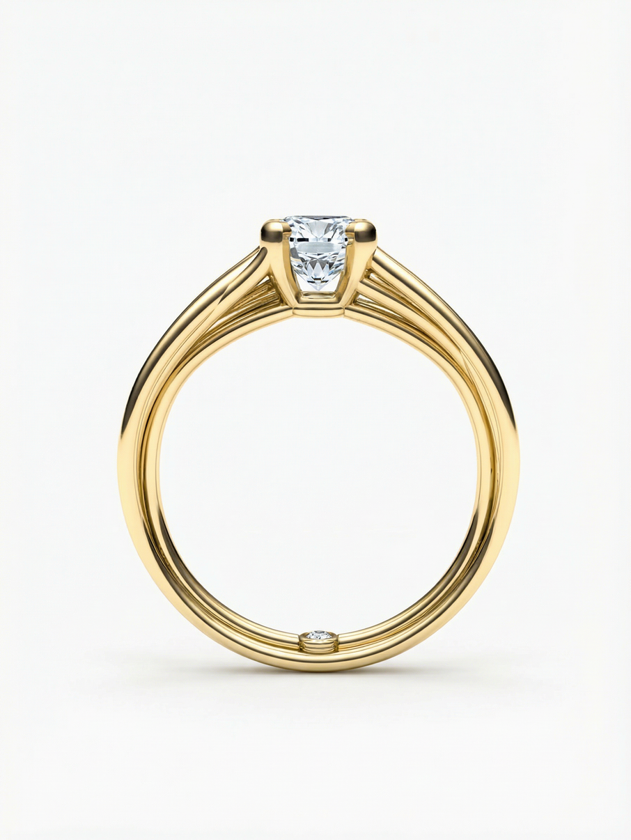 Yellow gold engagement ring with a 6 mm centre stone, designed to resemble a nest of love