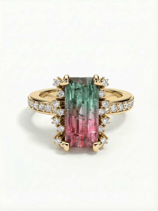 Zlatý prsten s melounovým turmalínem osázený diamanty