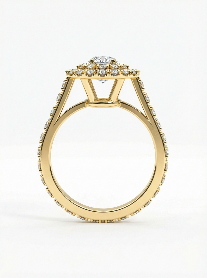 Striking yellow gold engagement ring with a 4.5 mm centre stone complemented by smaller stones