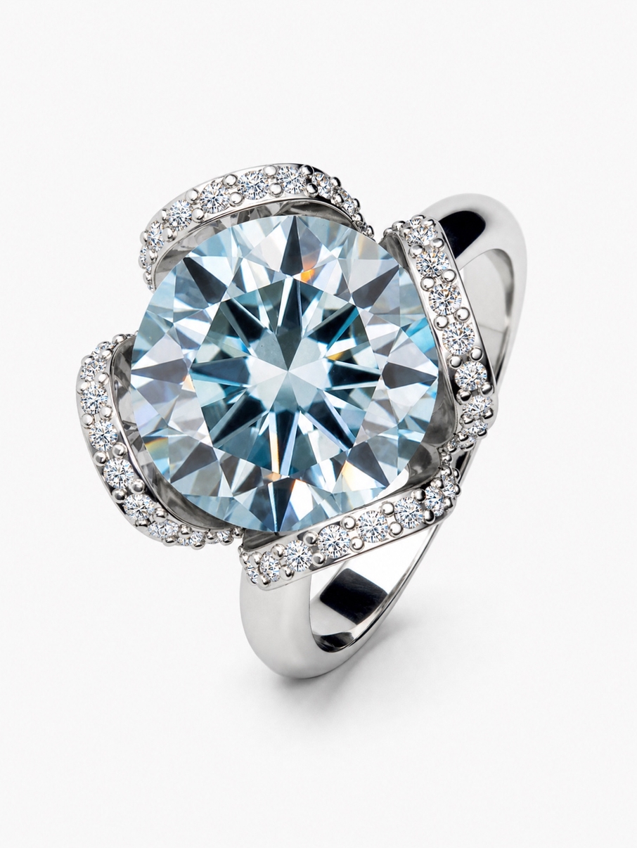 Prsten z bílého zlata s centrálním akvamarínem a diamanty. Design korunky je ve tvaru květu