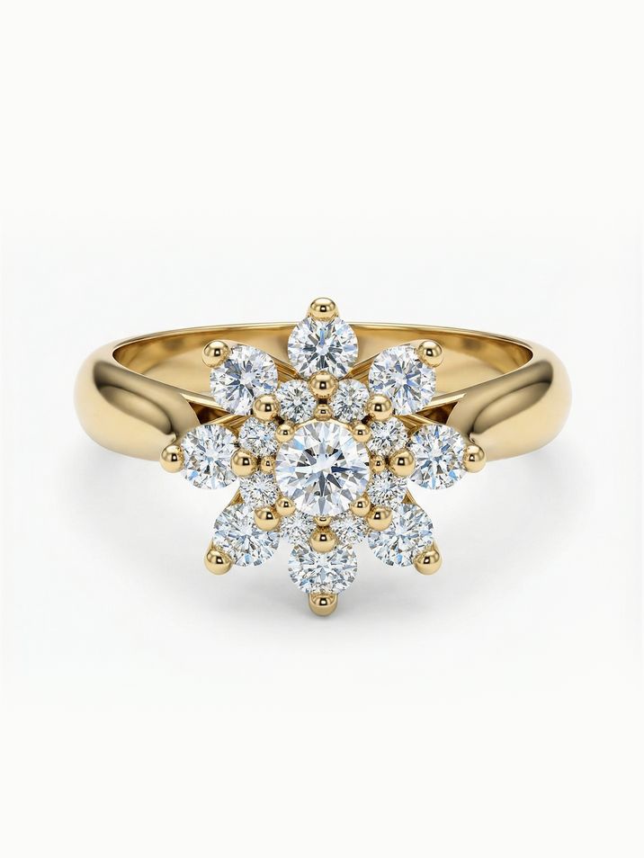 Atypický zásnubní prsten osázený diamanty ve tvaru kytičky ve žlutém zlatě