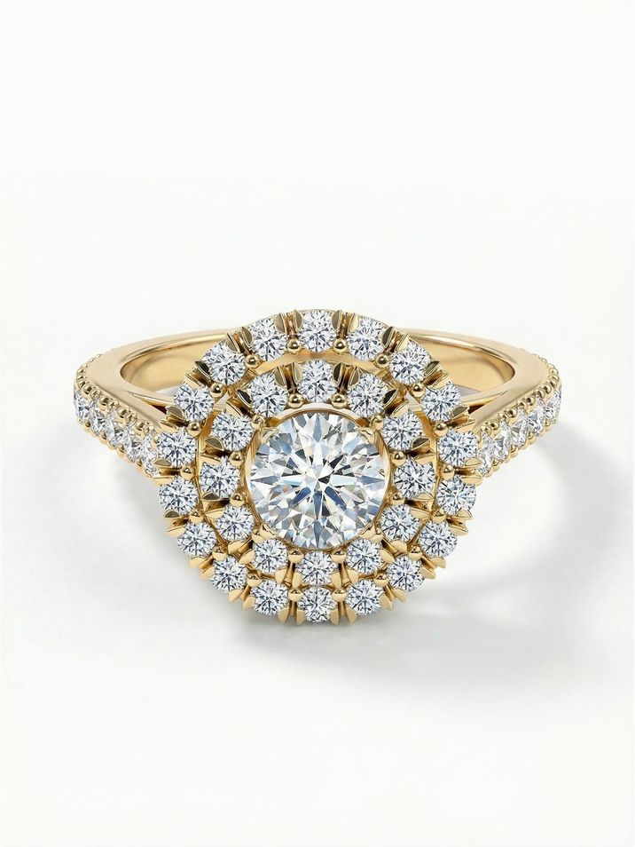 Striking yellow gold engagement ring with a 4.5 mm centre stone complemented by smaller stones