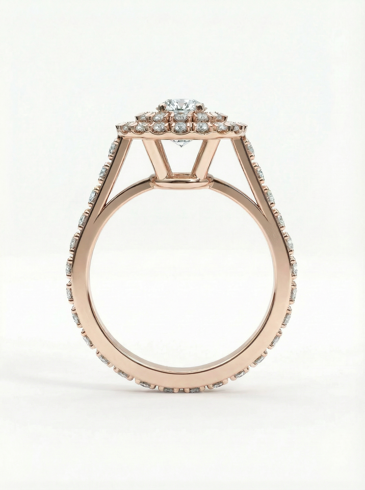Striking rose gold engagement ring with a 4.5 mm centre stone complemented by smaller stones