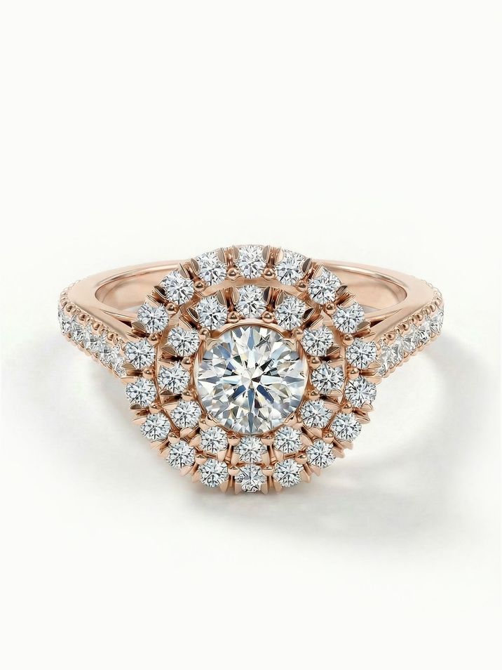 Striking rose gold engagement ring with a 4.5 mm centre stone complemented by smaller stones