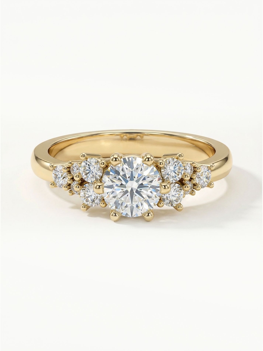 Yellow gold engagement ring with a 4.5 mm centre stone surrounded by several smaller stones