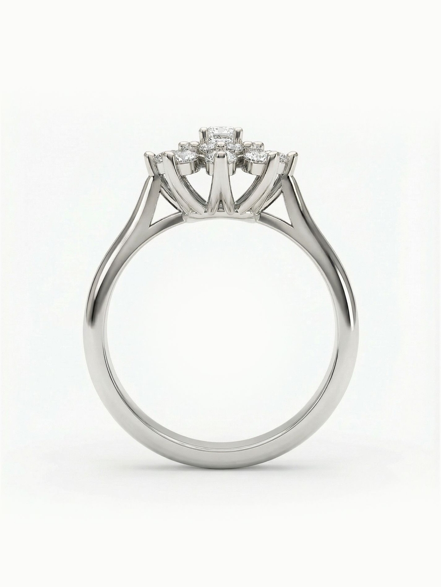 Unconventional flower-shaped engagement ring set with diamonds in white gold