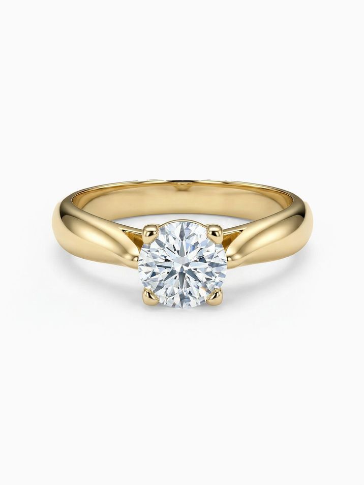 Yellow gold engagement ring with a 5 mm centre stone sparkling in a high crown setting