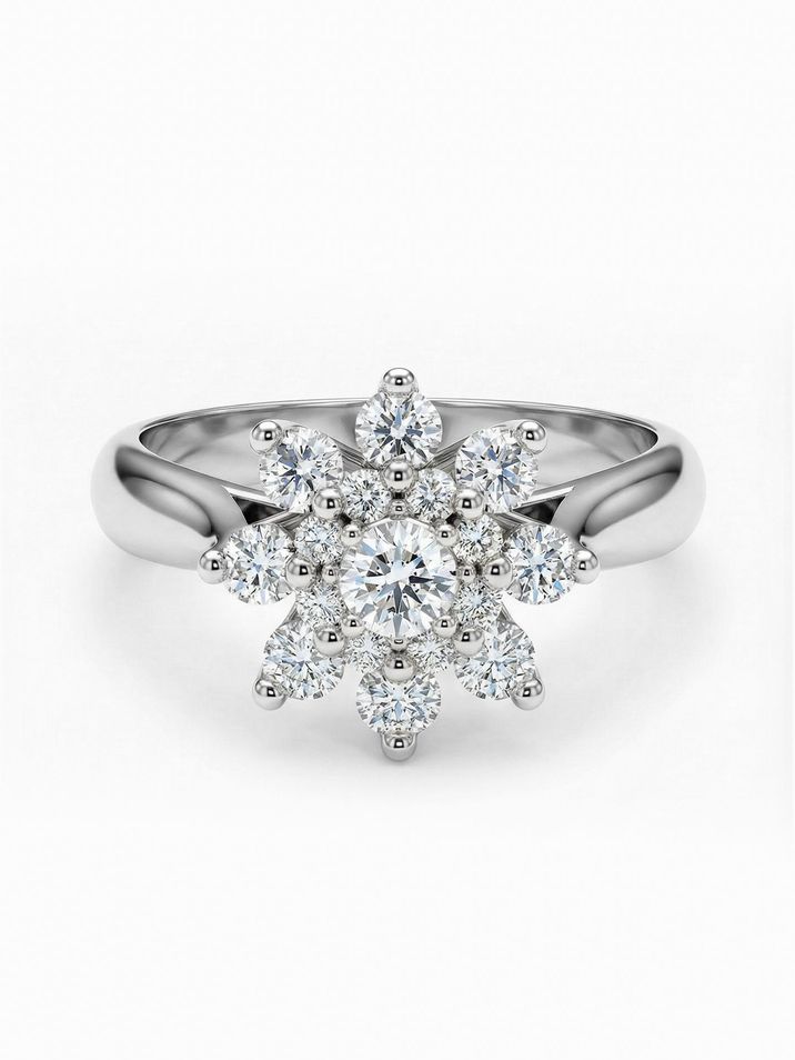 Unconventional flower-shaped engagement ring set with diamonds in white gold