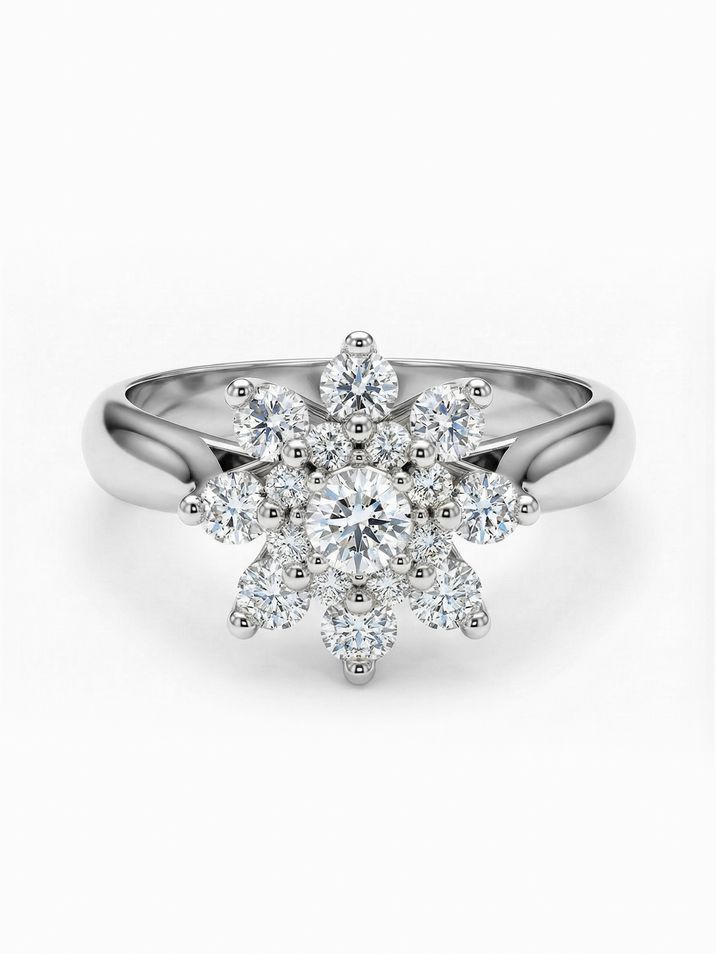 Atypický zásnubní prsten osázený diamanty ve tvaru kytičky v bílém zlatě