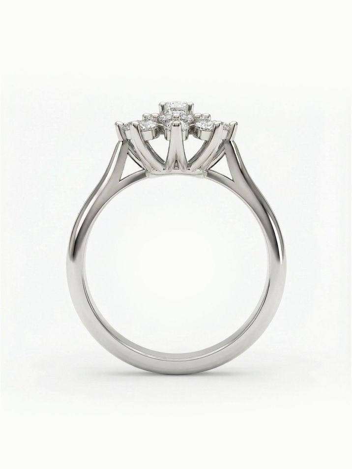Unconventional flower-shaped engagement ring set with diamonds in white gold