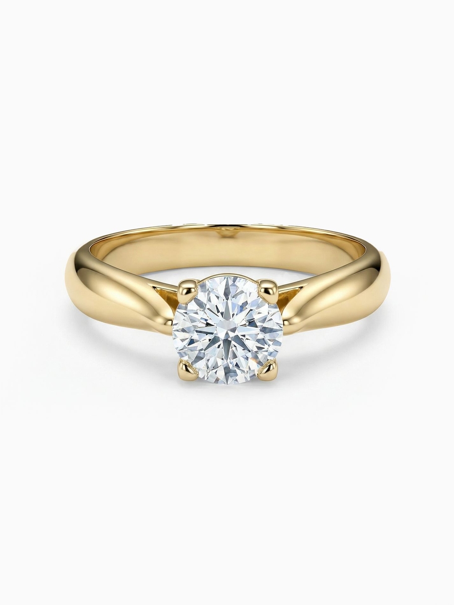Yellow gold engagement ring with a 5 mm centre stone sparkling in a high crown setting