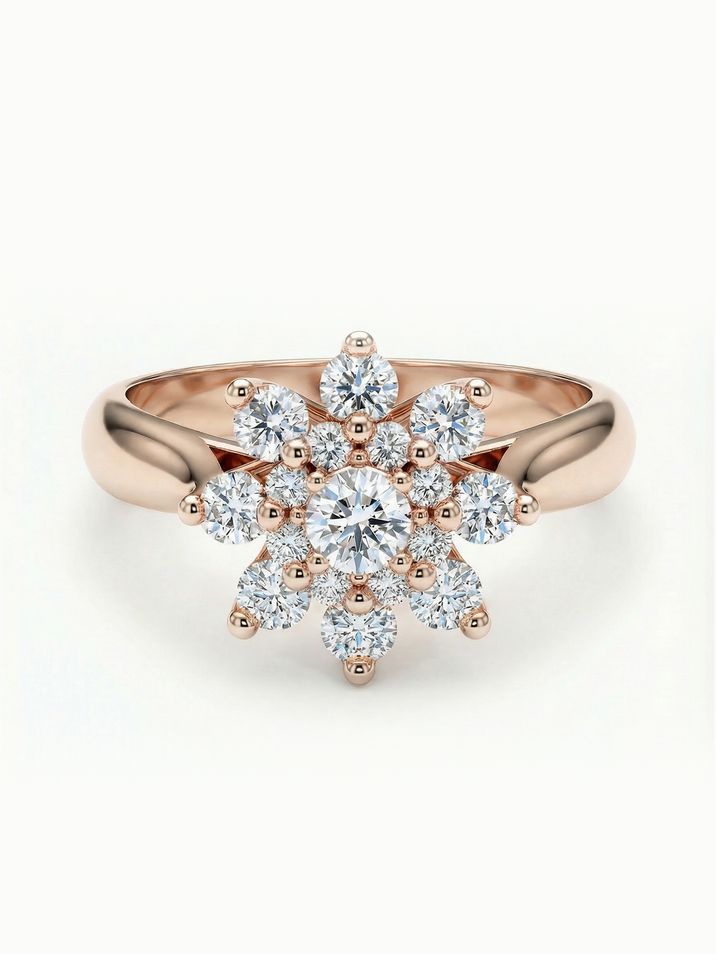 Atypický zásnubní prsten osázený diamanty ve tvaru kytičky v červeném zlatě