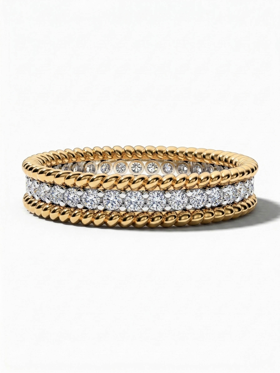 Snubní prsten ze žlutého zlata s diamanty a zlatým lemováním