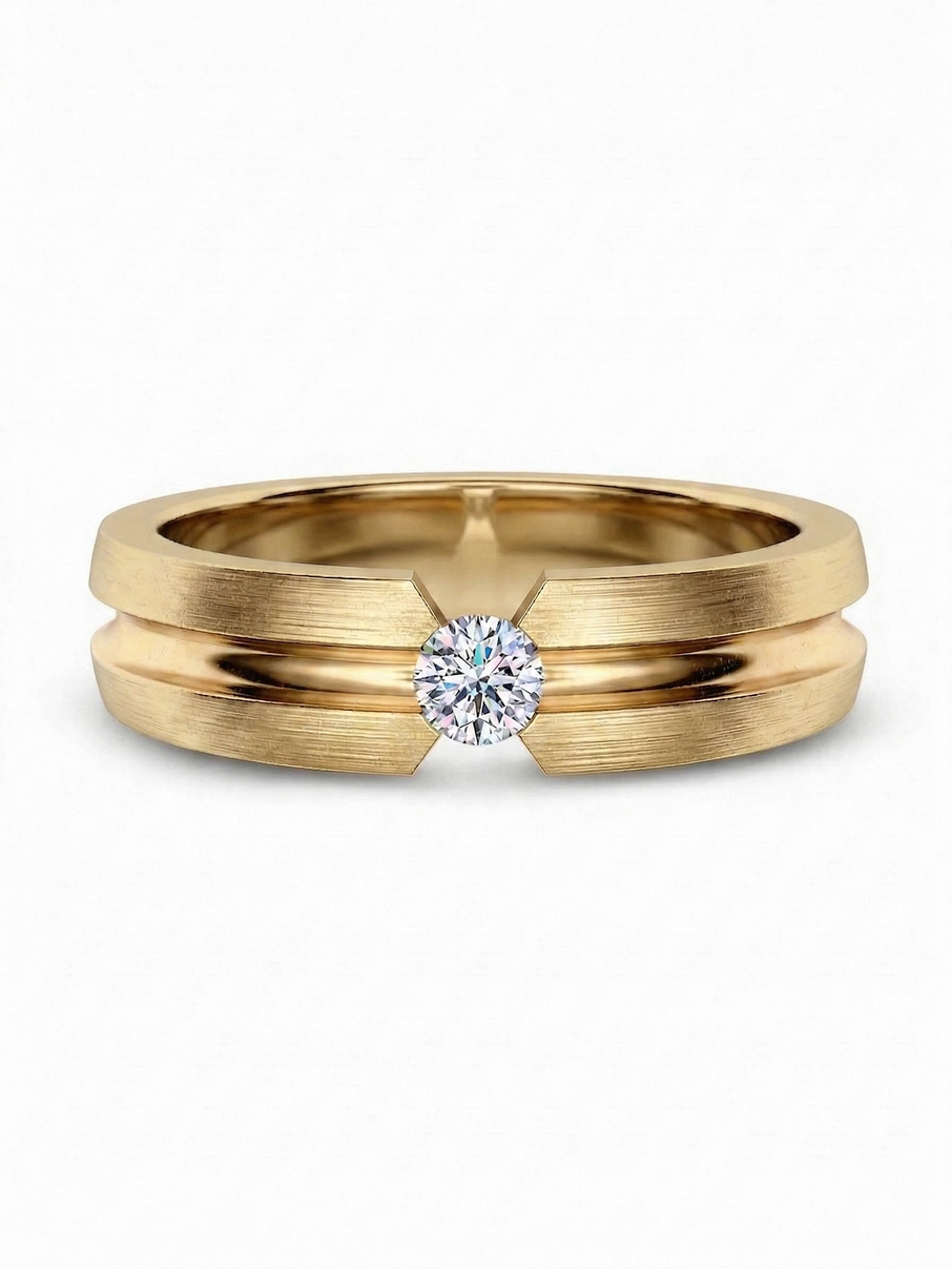 Dámský snubní prsten s matnou úpravou a centrálním diamantem ze žlutého zlata