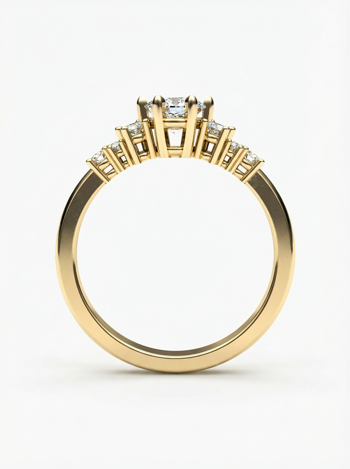 Yellow gold engagement ring with a 4.5 mm centre stone surrounded by several smaller stones