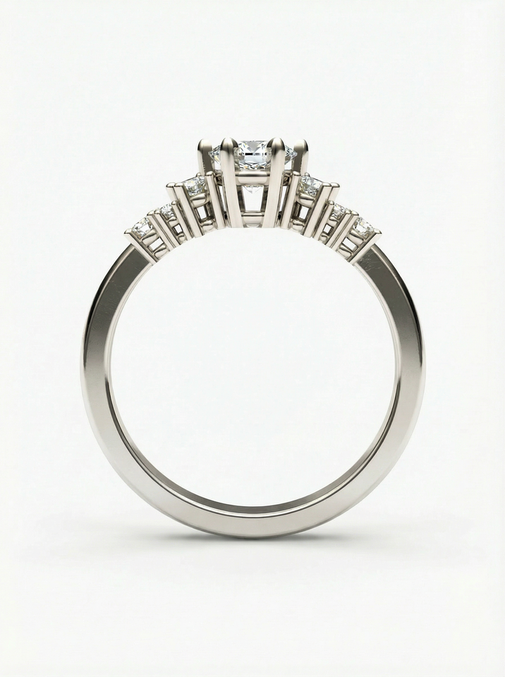 White gold engagement ring with a 4.5 mm centre stone surrounded by several smaller stones