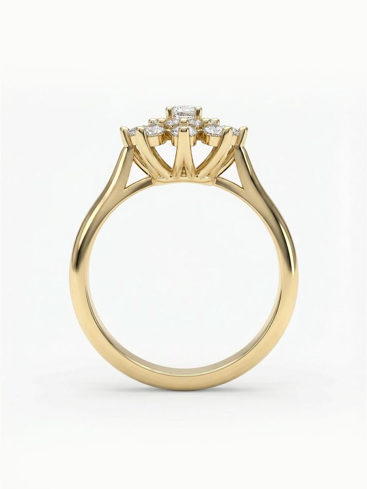 Unconventional flower-shaped engagement ring set with diamonds in yellow gold