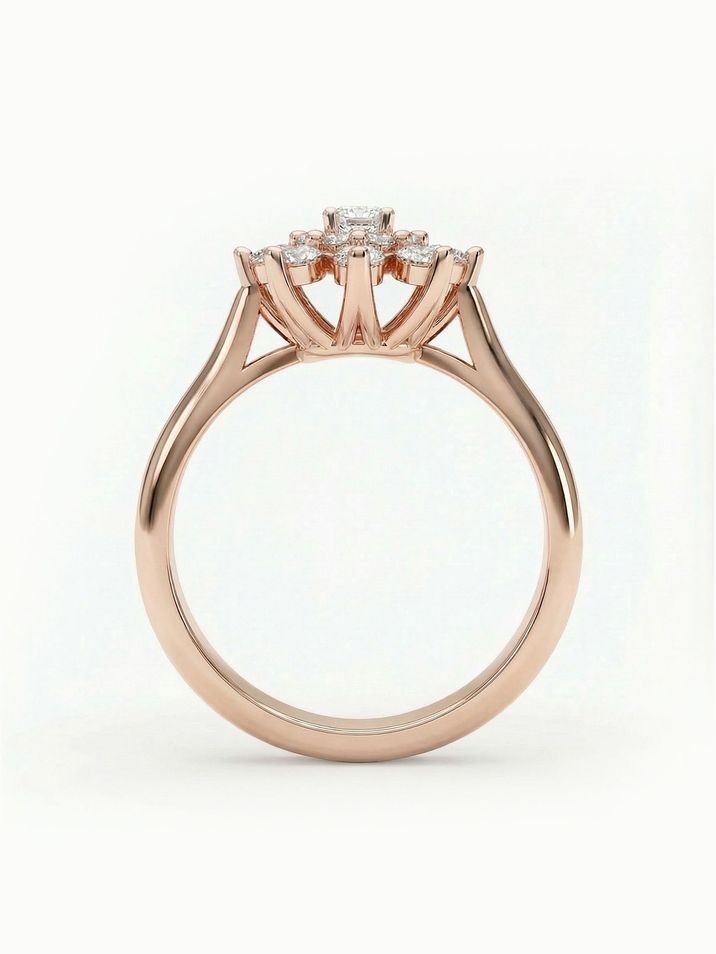 Unconventional flower-shaped engagement ring set with diamonds in rose gold
