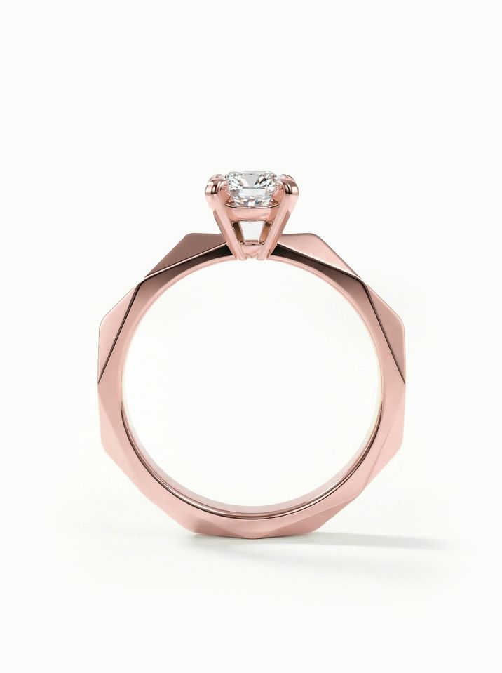 Unconventional rose gold engagement ring with a 4.5 mm centre stone and a distinctive design