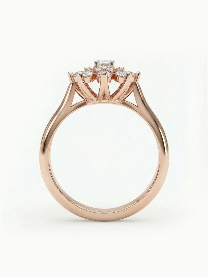 Atypický zásnubní prsten osázený diamanty ve tvaru kytičky v červeném zlatě