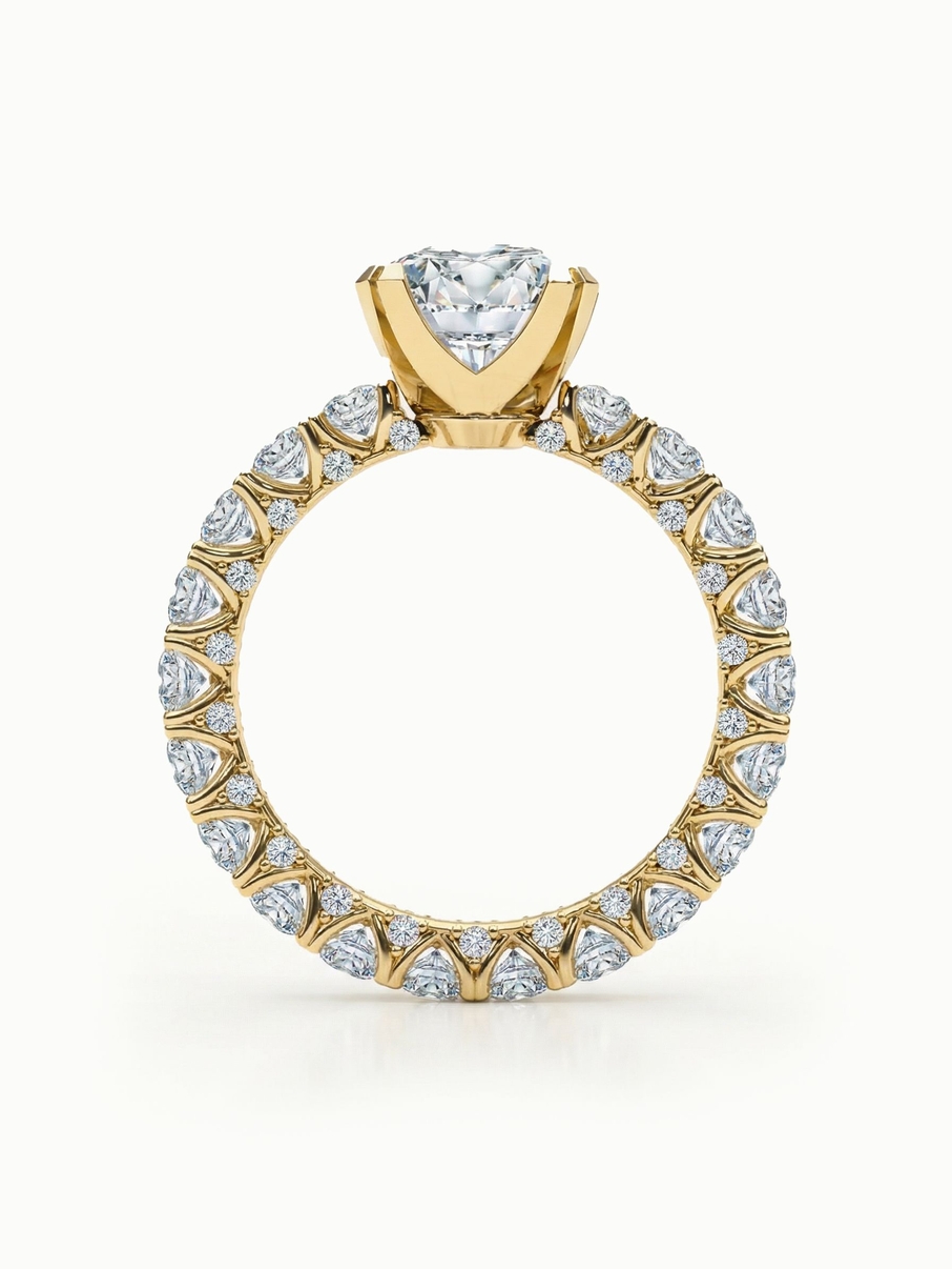 Statement yellow gold engagement ring with an 8 mm centre stone and smaller stones around the band