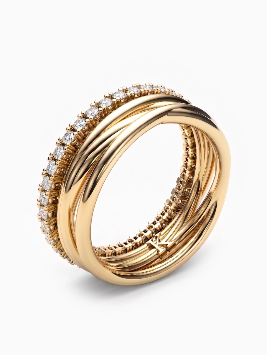 Atypický snubní prsten ze žlutého zlata pro milovníky designových šperků doplněný diamantovou řadou