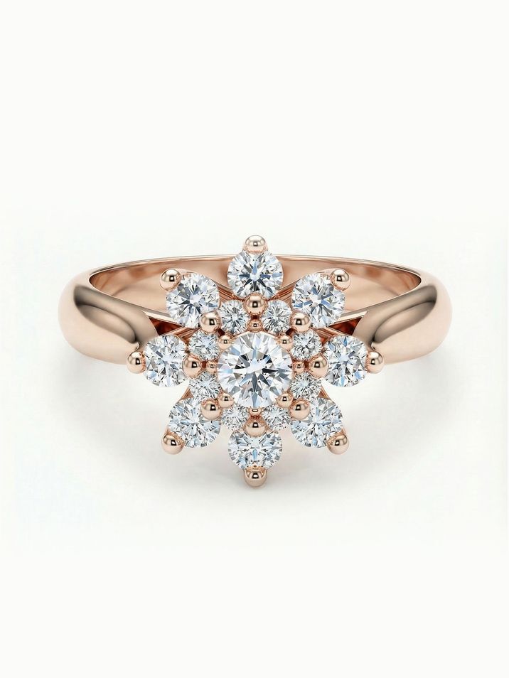 Unconventional flower-shaped engagement ring set with diamonds in rose gold
