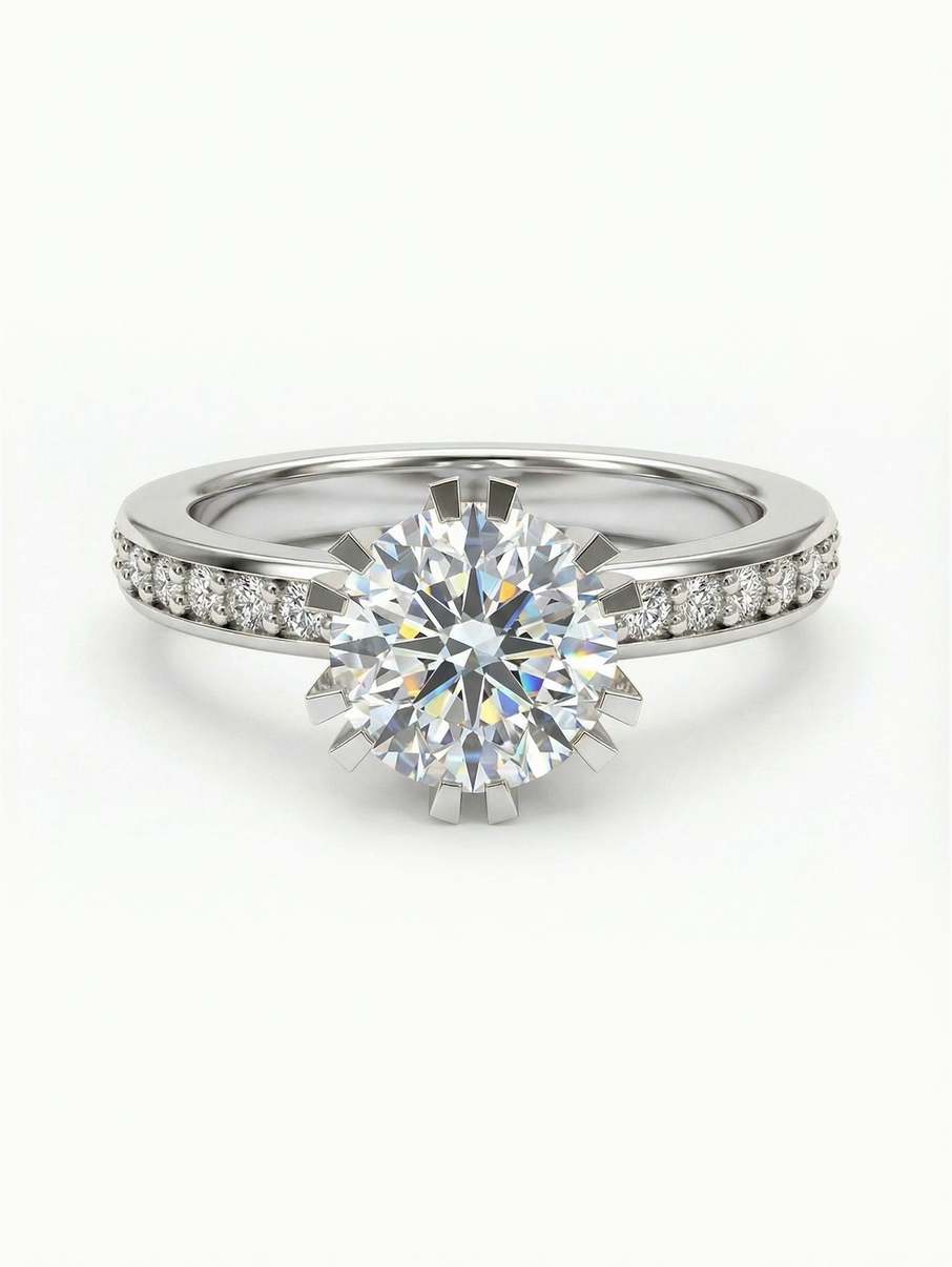 White gold engagement ring dominated by a 6 mm centre stone complemented by smaller stones